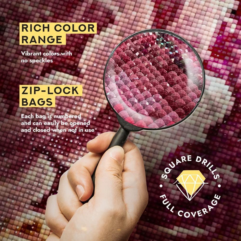 Train Crossing WD098 Diamond Painting Kit featuring a high-quality self-adhesive canvas, tools, and pre-sorted square acrylic diamonds.